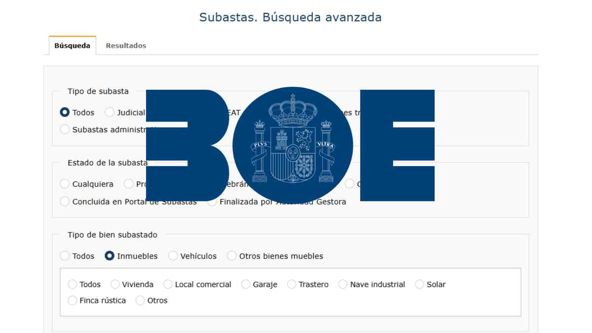 Interfaz del portal de subastas del BOE para buscar viviendas y otros bienes inmuebles.
