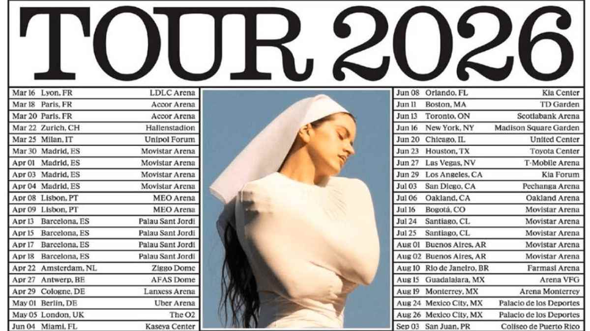 Cartel del Tour 2026 con fechas y ciudades junto a imagen promocional de Rosalía para la preventa del Movistar Arena.