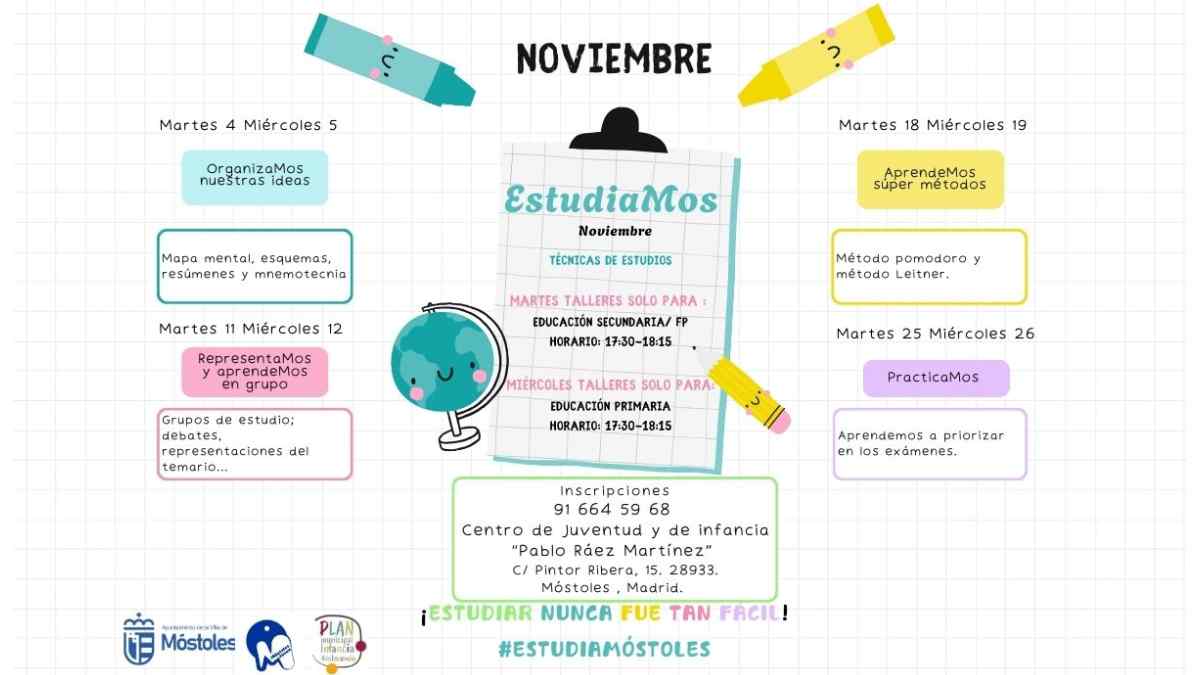 Cartel del programa EstudiaMos con talleres gratuitos de técnicas de estudio para Primaria, Secundaria y FP en Móstoles.