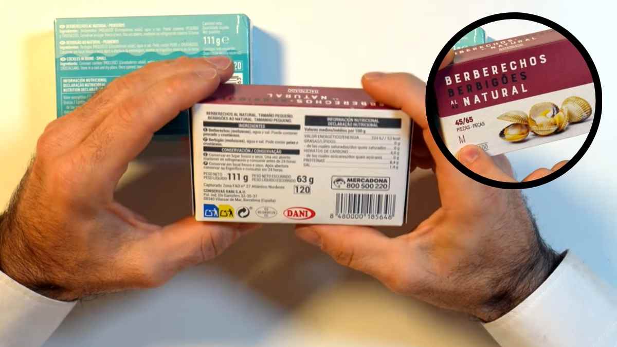 Envase de berberechos Hacendado con etiquetado polémico por indicar tamaño M en el frontal y pequeño en el reverso.