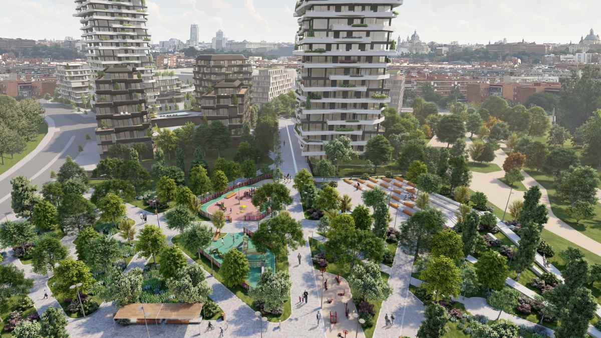 Vista del futuro desarrollo urbano de Ermita del Santo con edificios residenciales y amplias zonas verdes en el distrito de Latina.