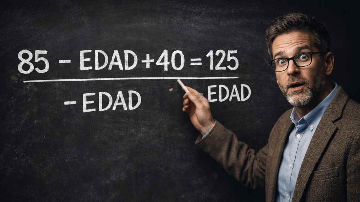 Matemático explicando el truco de 85 menos tu edad más 40 en una pizarra