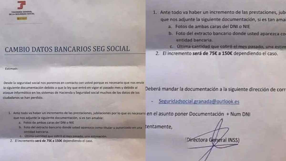 Falsa carta de la Seguridad Social utilizada para estafar a pensionistas solicitando datos bancarios y personales
