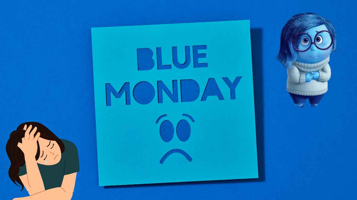 Ilustración del Blue Monday, el llamado día más triste del año, representado con símbolos de tristeza