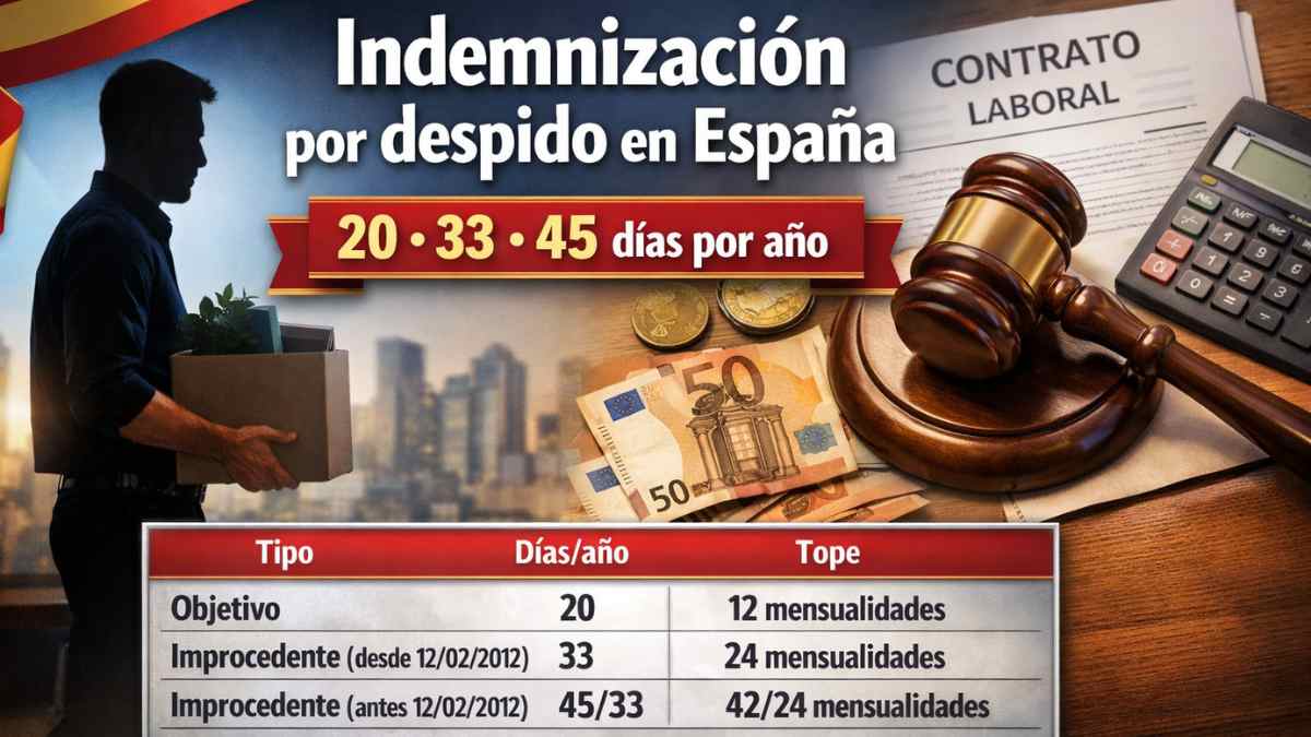 Indemnización por despido en España con cálculo de 20, 33 y 45 días por año trabajado