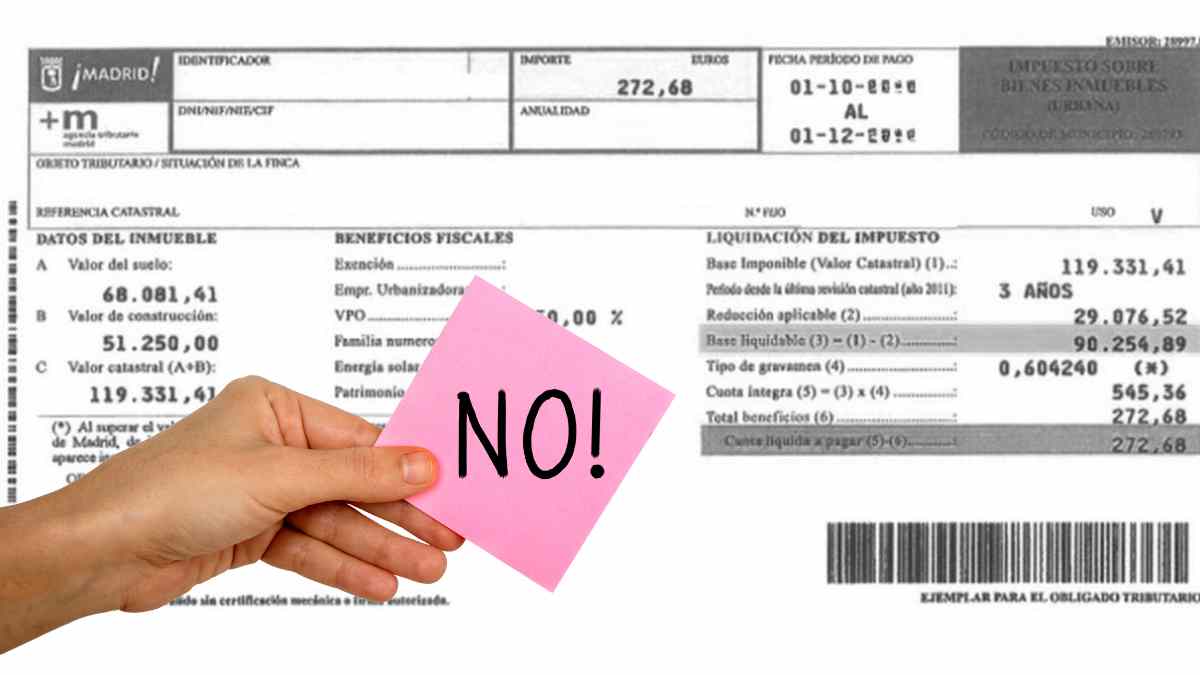 Recibo del IBI en Madrid con aviso de no pago por exención o bonificación municipal