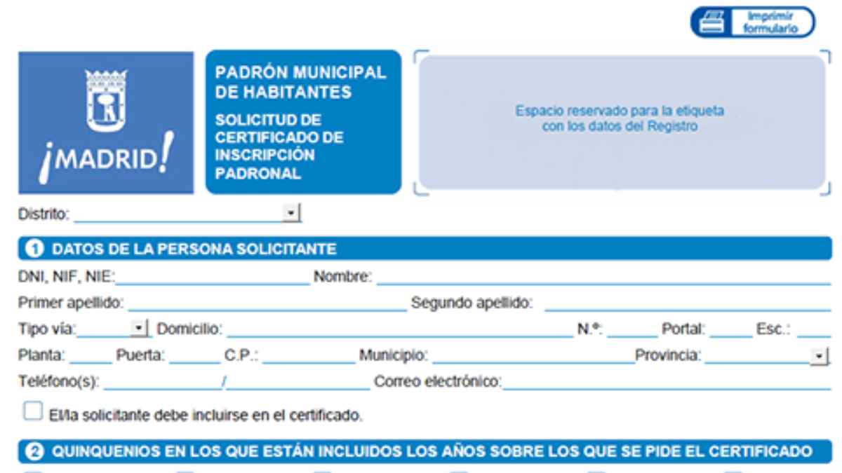 Formulario para solicitar el certificado de empadronamiento en el Ayuntamiento de Madrid