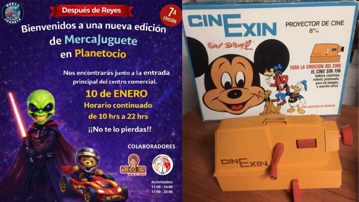 Cartel de MercaJuguete 2026 en Planetocio Collado Villalba con juguetes antiguos como Cine Exin