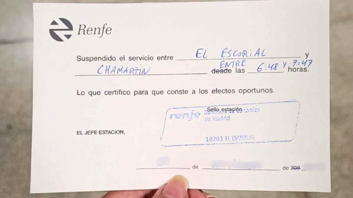 Justificante de Renfe por retraso y suspensión del servicio en Cercanías Madrid