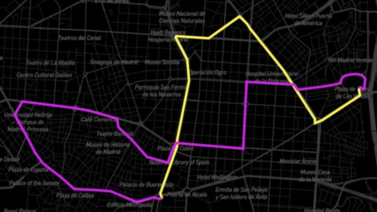 Mapa con el recorrido del Madrid Friday Night Skate y los cortes de tráfico en el centro de Madrid este viernes por la noche