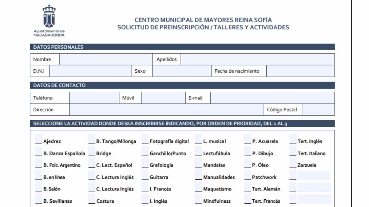 Formulario de preinscripción a talleres y actividades para adultos del Ayuntamiento de Majadahonda