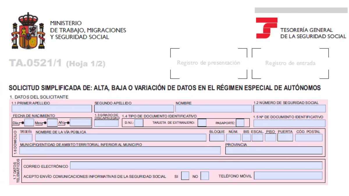 Formulario TA.0521 para darse de alta como autónomo sin perder el paro