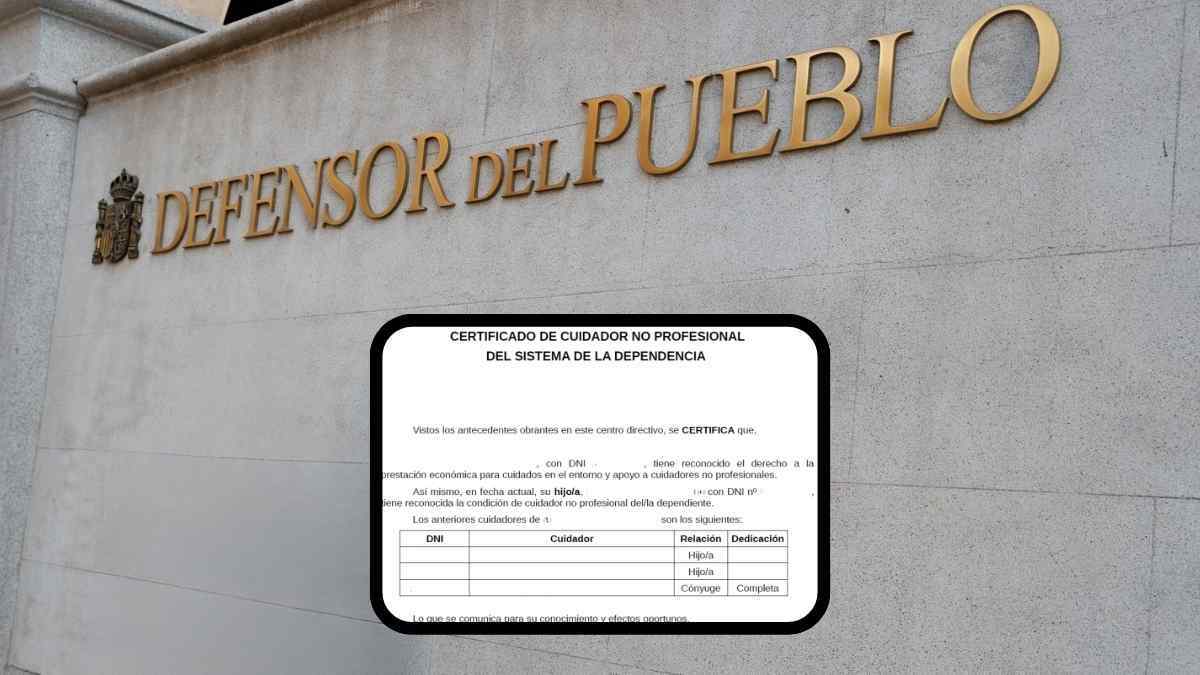 Fachada del Defensor del Pueblo y certificado de dependencia que no acredita discapacidad en el IRPF
