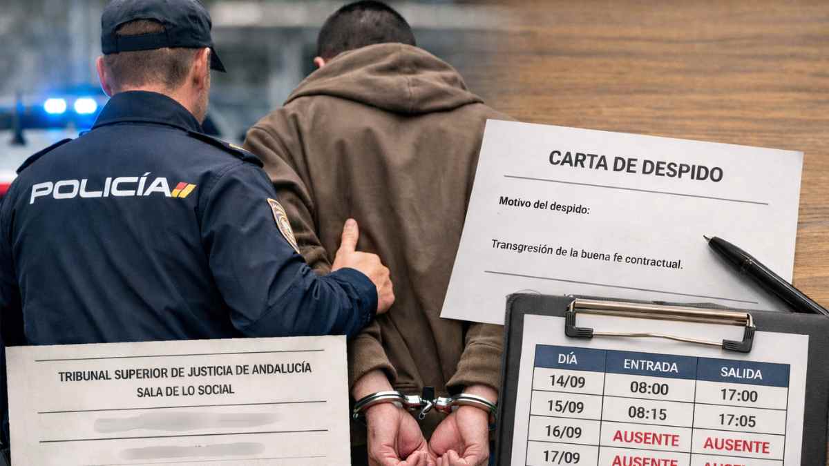 Trabajador detenido escoltado por la policía mientras una carta de despido refleja una ausencia laboral sin avisar