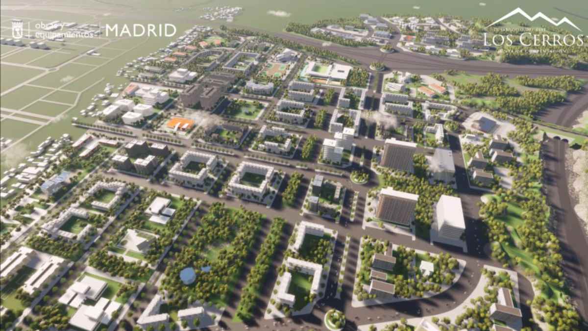 Vista aérea del desarrollo urbanístico de Los Cerros tras la reparcelación aprobada por el Ayuntamiento de Madrid
