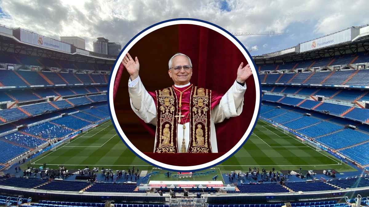 Representación del Papa León XIV en el estadio Santiago Bernabéu durante una posible misa multitudinaria