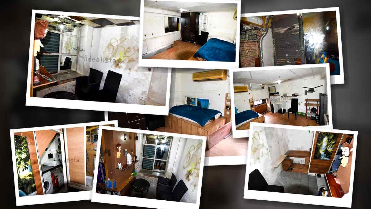 Montaje con imágenes del interior del local de 27 metros en Cuatro Caminos vendido como dúplex, con dormitorio, baño y estancias deterioradas