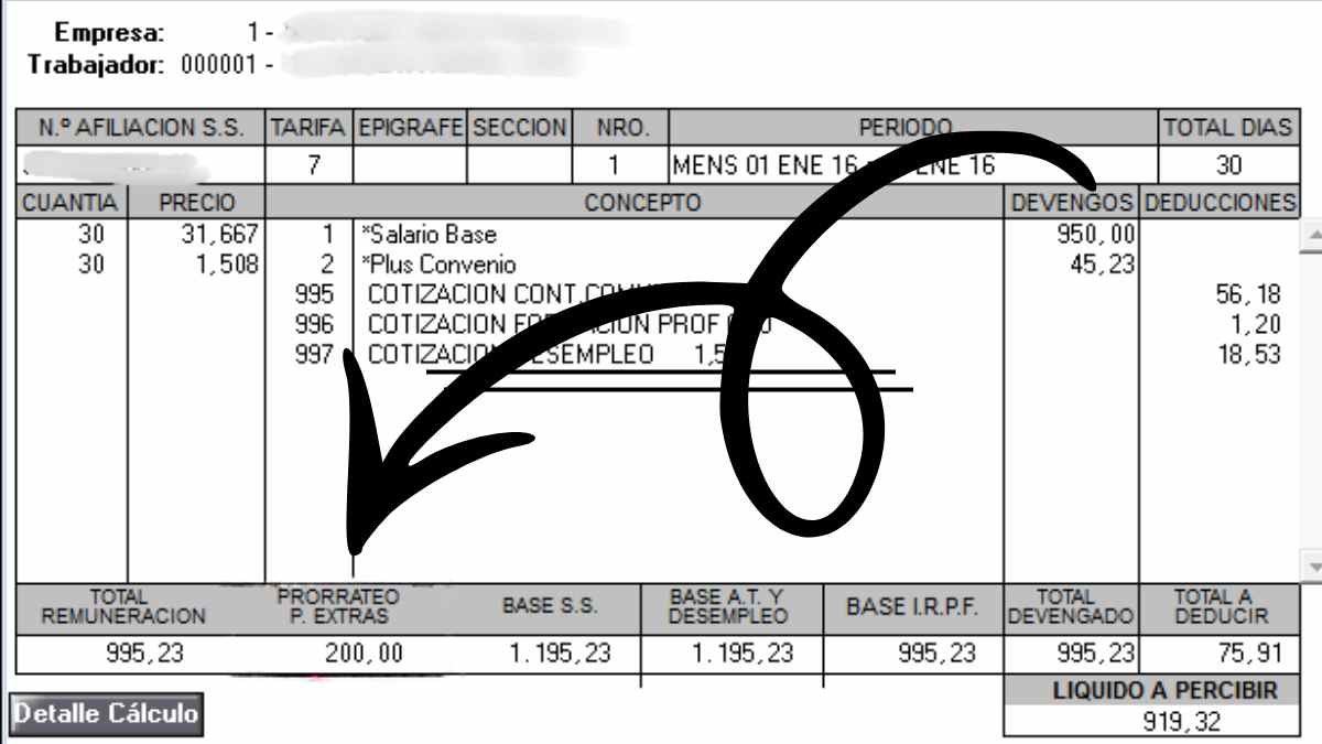 Nómina con prorrateo de pagas extraordinarias marcado según el Estatuto de los Trabajadores