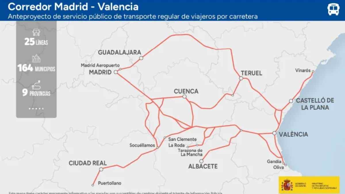 Mapa del corredor Madrid-Valencia del anteproyecto de transporte por carretera del Ministerio de Transportes