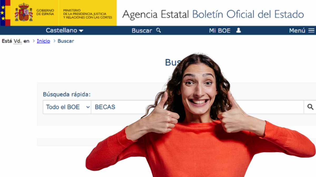 Mujer buscando becas en el BOE para 2026 con nuevas ayudas para estudiar y ganar experiencia