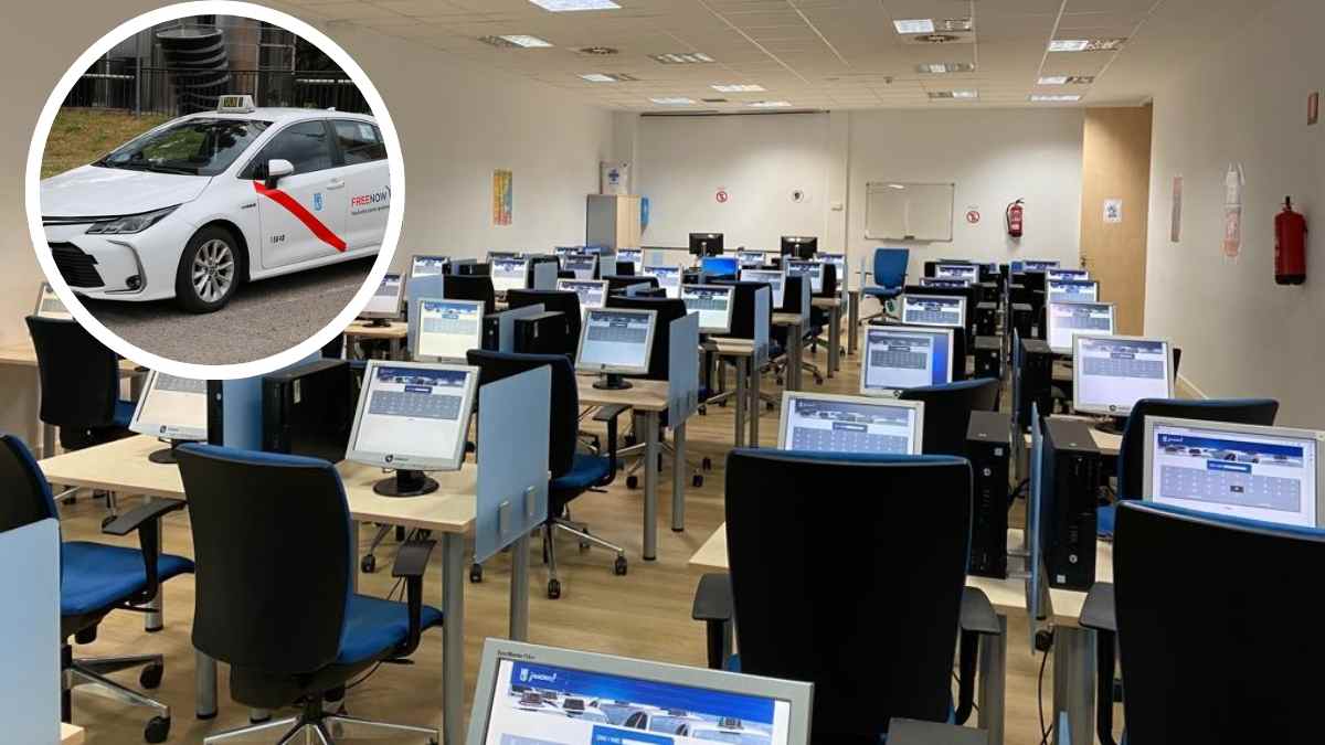 Aula de exámenes para conductores de taxi en Madrid con un taxi oficial de la capital