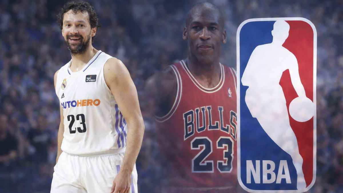 Montaje con un jugador del Real Madrid, una leyenda de la NBA y el logo de la NBA por el salto a NBA Europa