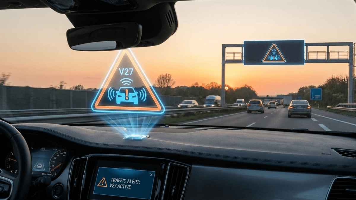 Señal V-27 como triángulo virtual de la DGT avisando de una incidencia en la pantalla del coche