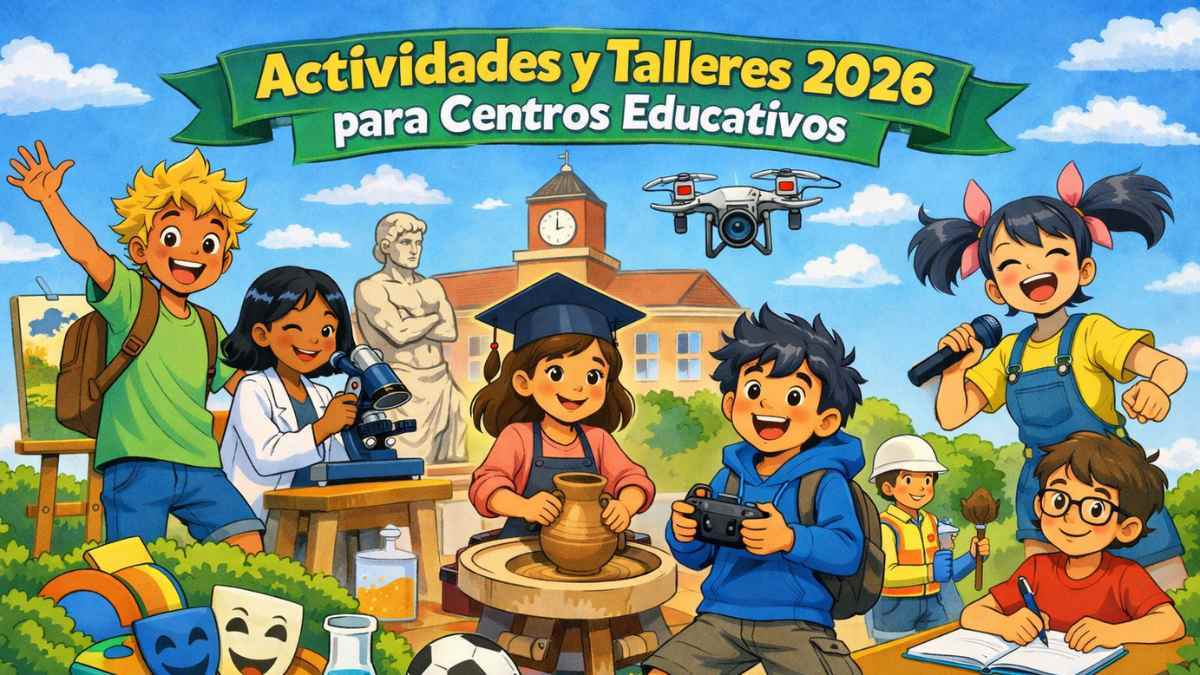 Ilustración de niños participando en actividades y talleres educativos 2026 en centros educativos de la Comunidad de Madrid