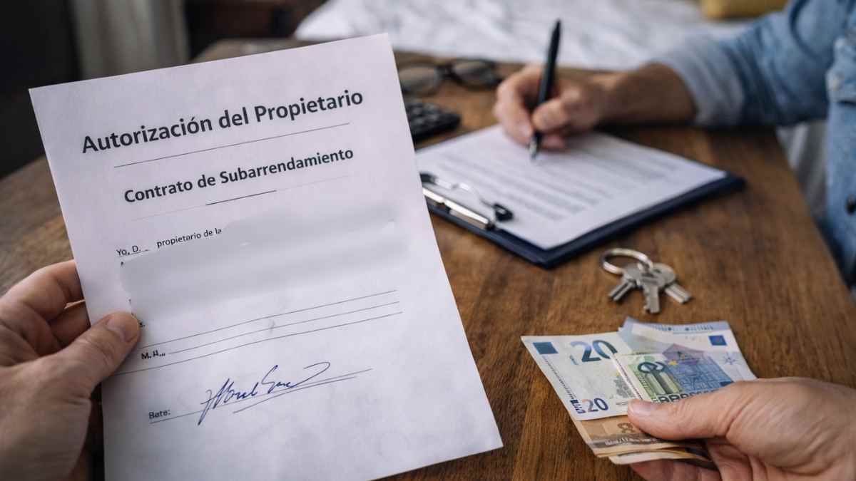 Autorización escrita del propietario para subarrendar una habitación junto a llaves y dinero en efectivo