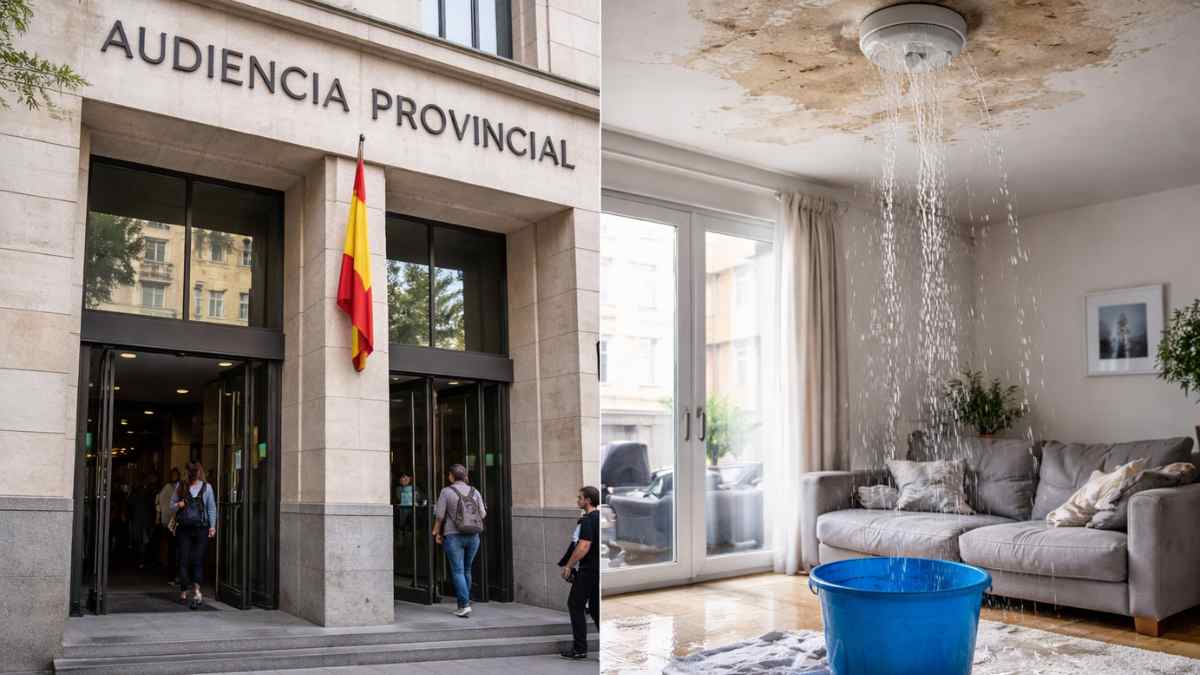 Fachada de la Audiencia Provincial de Madrid y vivienda afectada por filtraciones de agua entre pisos