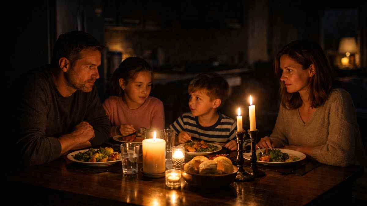Familia cenando a la luz de las velas durante un apagón por cortes de luz en Madrid