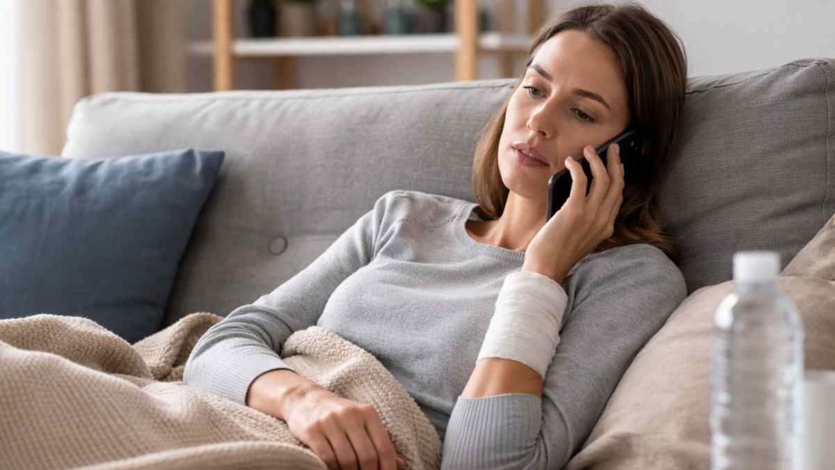 Trabajadora de baja por incapacidad hablando por teléfono en casa durante su recuperación