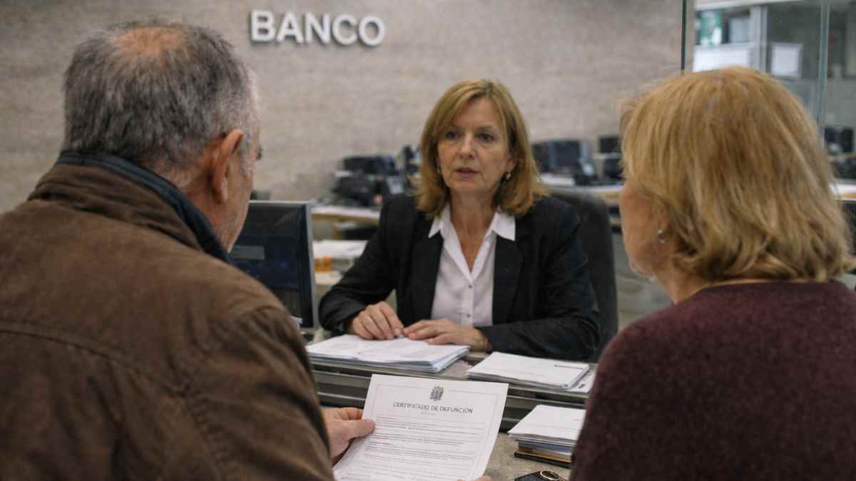 Pareja de mayores en una oficina bancaria tras el fallecimiento de un titular de una cuenta conjunta