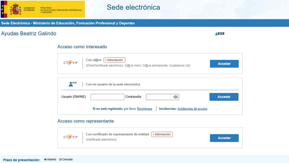 Acceso a las ayudas del programa Beatriz Galindo en la sede electrónica del Ministerio de Educación