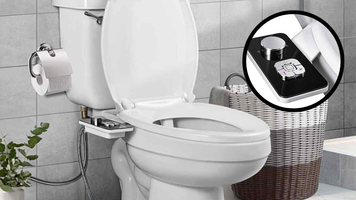 Bidé sin electricidad instalado en WC estilo japonés con doble boquilla y control lateral