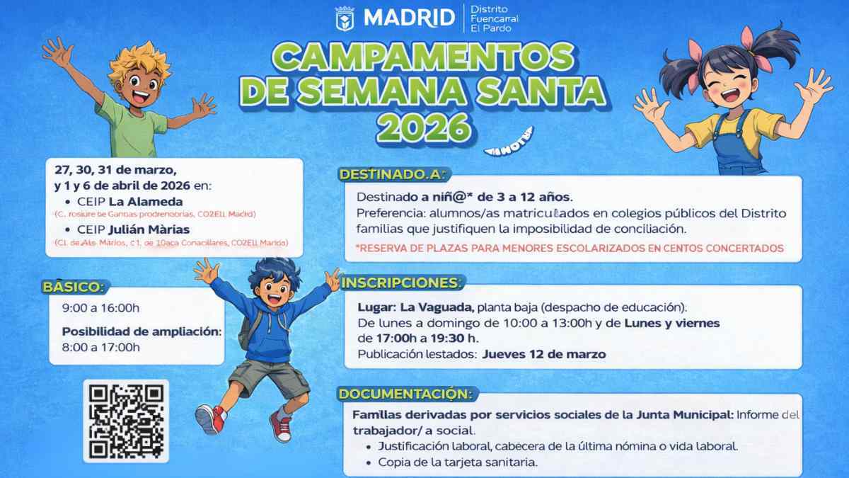 Cartel de los campamentos urbanos gratis de Semana Santa 2026 en San Blas-Canillejas