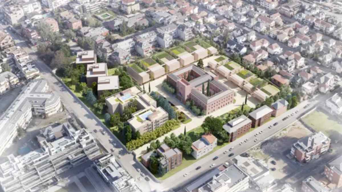 Recreación aérea del Noviciado de las Damas Apostólicas en Chamartín convertido en residencia de estudiantes con jardines