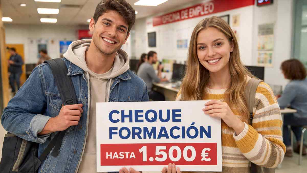 Jóvenes desempleados mostrando un cheque formación de hasta 1.500 euros en una oficina de empleo