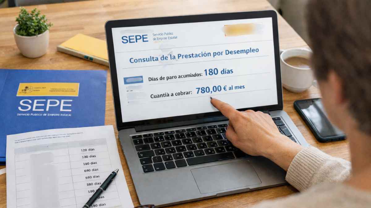 Persona consultando en el ordenador los días de paro acumulado y la cuantía de la prestación del SEPE
