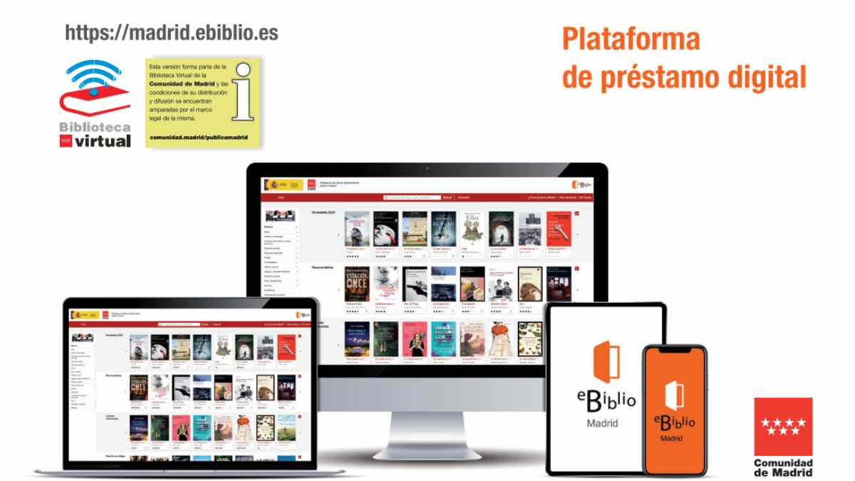Plataforma eBiblio Madrid en ordenador, tablet y móvil para préstamo digital de libros gratis