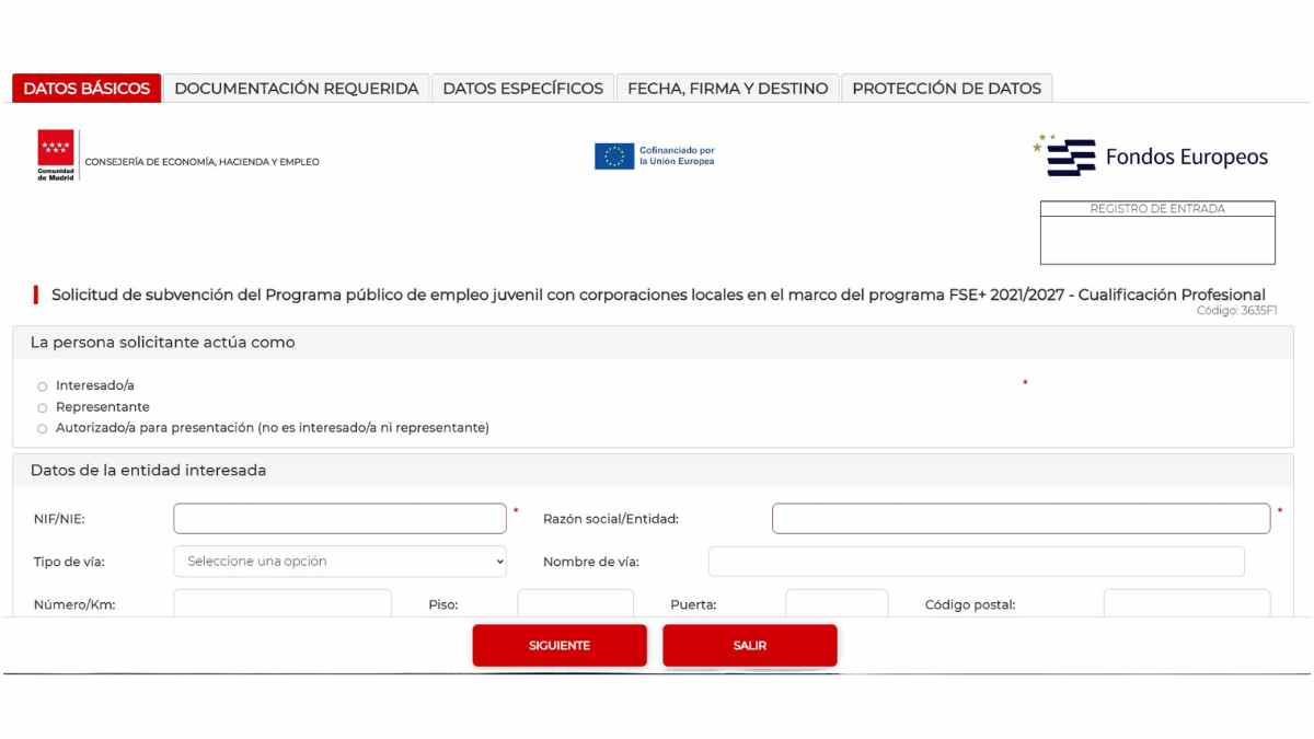 Formulario de solicitud de las ayudas de empleo juvenil en Madrid Cualificación Profesional 2026