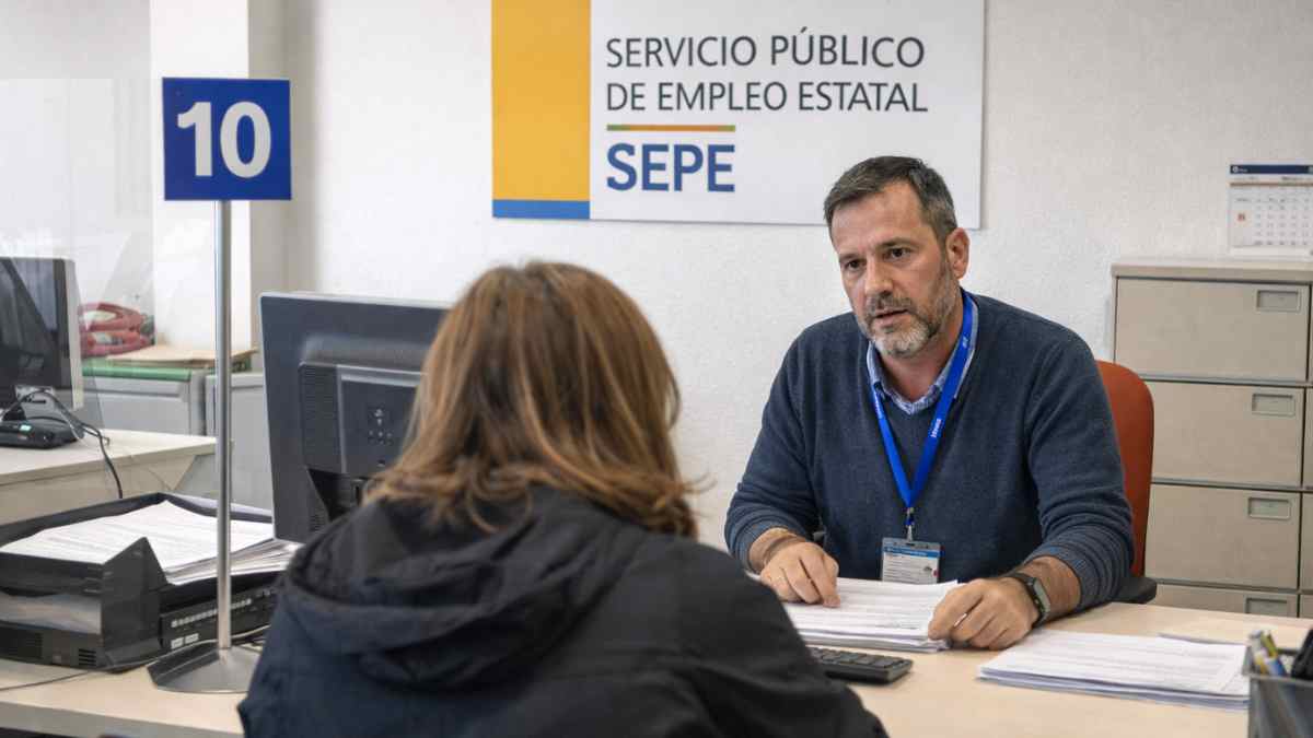 Trabajador del SEPE atiende a una persona que cobra el paro en una oficina de empleo