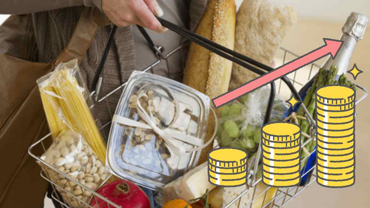 Cesta de la compra con alimentos básicos y gráfico de subida de precios en febrero