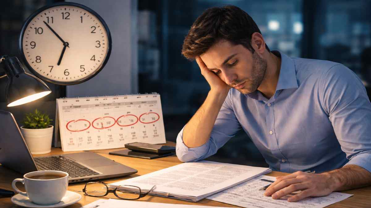 Trabajador revisando el Estatuto de los Trabajadores tras hacer horas extra en su jornada laboral