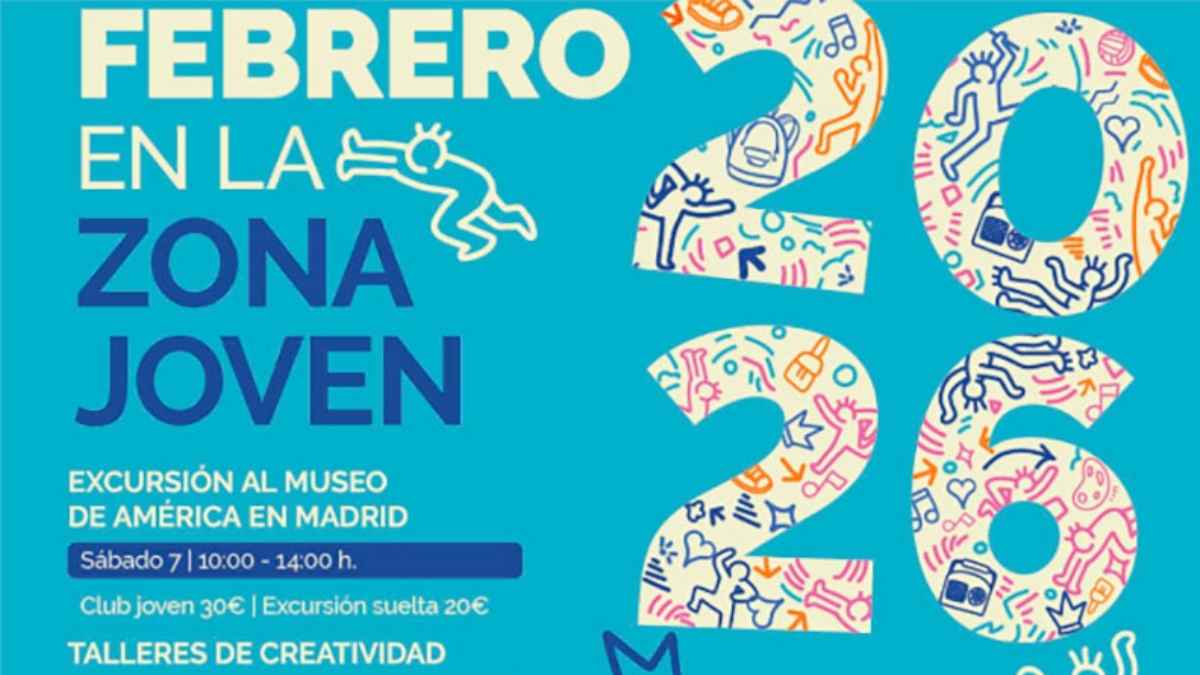 Cartel de febrero 2026 del Club Joven en la Zona Joven de Torrelodones con excursión al Museo de América y cuota de 30 euros