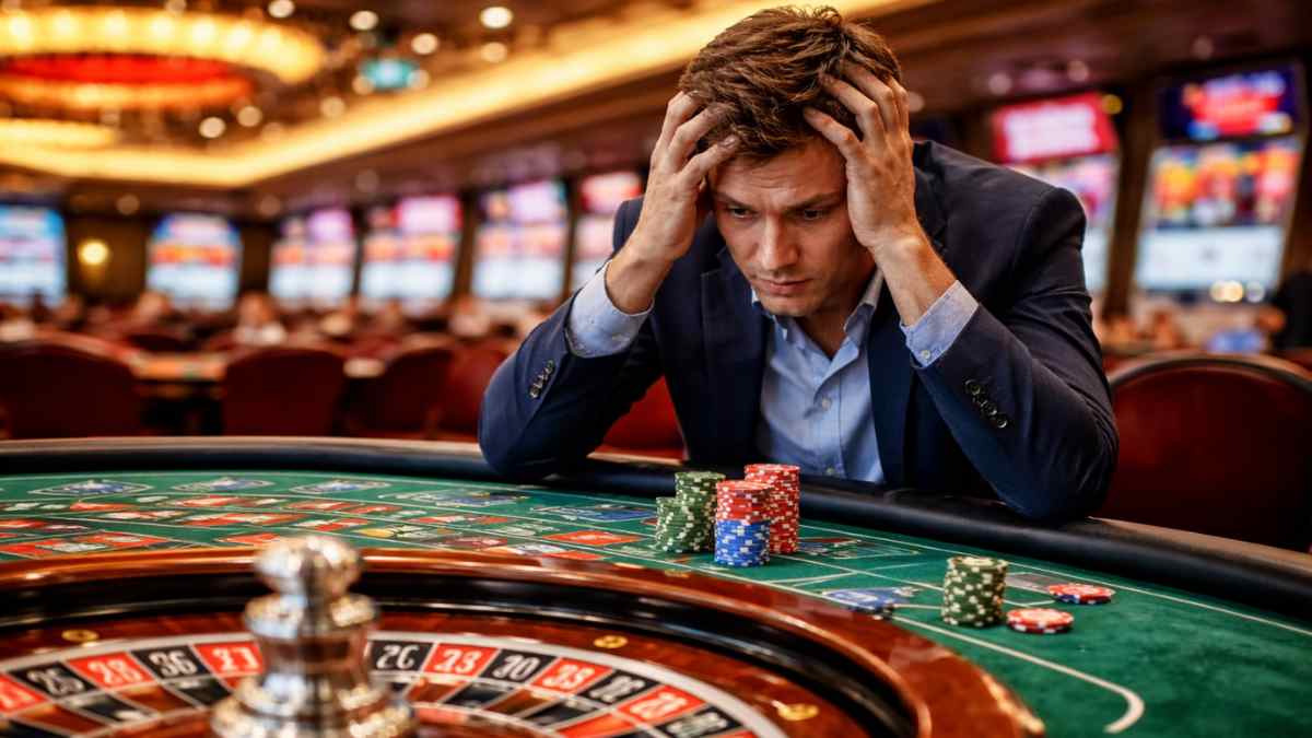 Persona preocupada en un casino tras perder dinero en la ruleta por problemas de adicción al juego