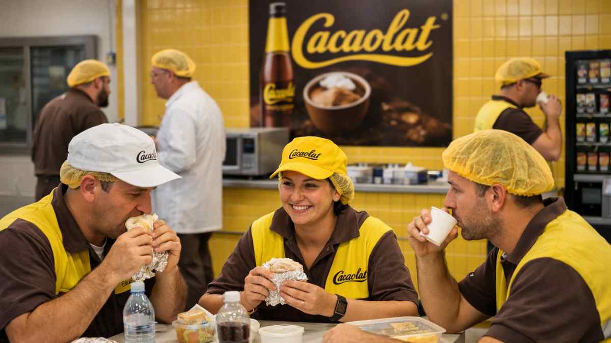 Trabajadores de Cacaolat desayunando durante la pausa del bocadillo en la empresa