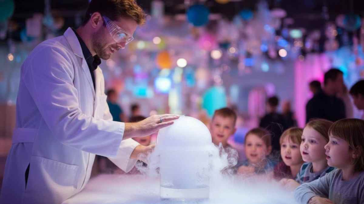 Monitor realizando experimento con hielo seco en laboratorio infantil para niños en Madrid