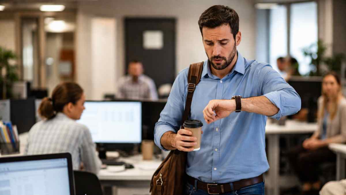 Trabajador llega tarde a la oficina y consulta la hora tras el fallo del TSJ de Madrid sobre el plus de presencia