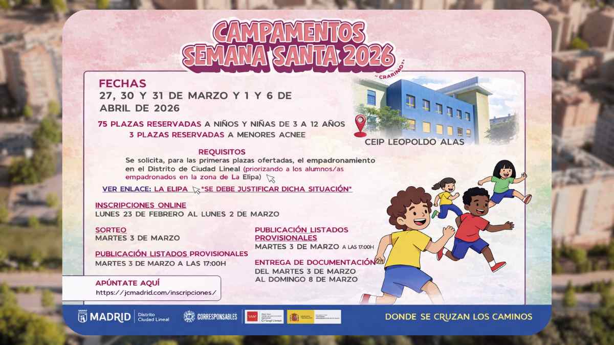 Cartel del campamento urbano gratis de Semana Santa 2026 en Ciudad Lineal Madrid con fechas y requisitos